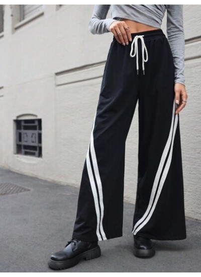 Essnce Contrast Tape Drawstring Waist Wide Leg Sweatpants - Choose Your Size