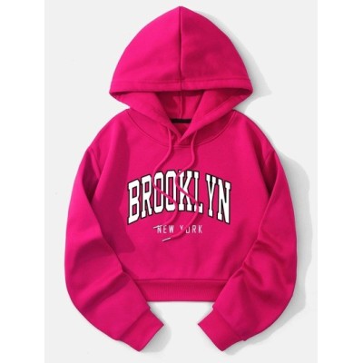 EZwear Letter Graphic Thermal Lined Drawstring Crop Hoodie - Choose Your Size