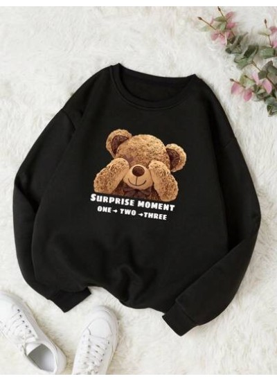 Qutie Bear And Letter Graphic Thermal Lined Sweatshirt - Choose Your Size