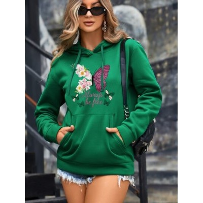 Essnce Butterfly & Floral Print Kangaroo Pocket Drop Shoulder Drawstring Hoodie