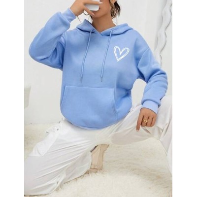 EZwear Heart Print Kangaroo Pocket Drop Shoulder Drawstring Hoodie - Choose You