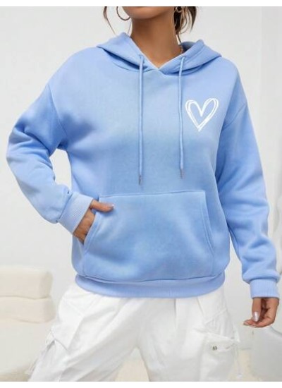 EZwear Heart Print Kangaroo Pocket Drop Shoulder Drawstring Hoodie - Choose You