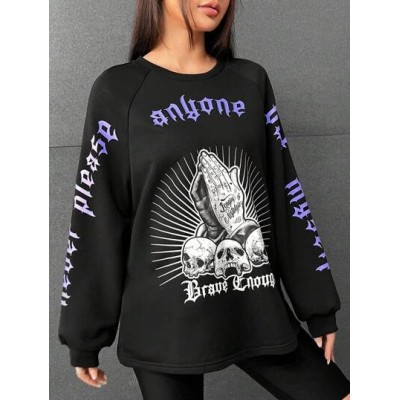 EZwear Letter & Skull Print Raglan Sleeve Sweatshirt - Choose Your Size