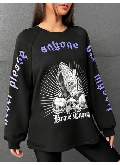 EZwear Letter & Skull Print Raglan Sleeve Sweatshirt - Choose Your Size