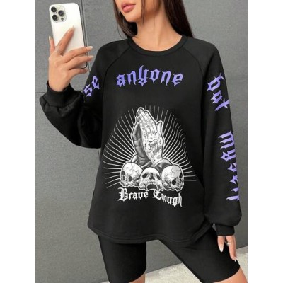 EZwear Letter & Skull Print Raglan Sleeve Sweatshirt - Choose Your Size