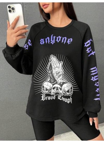 EZwear Letter & Skull Print Raglan Sleeve Sweatshirt - Choose Your Size