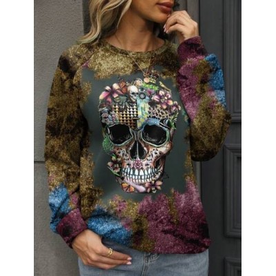 Skull Print Raglan Sleeve Sweatshirt - Choose Your Size