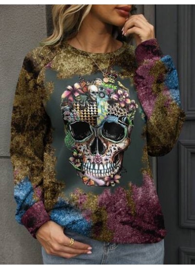 Skull Print Raglan Sleeve Sweatshirt - Choose Your Size