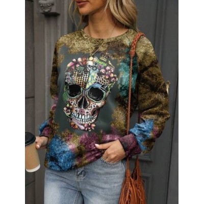 Skull Print Raglan Sleeve Sweatshirt - Choose Your Size