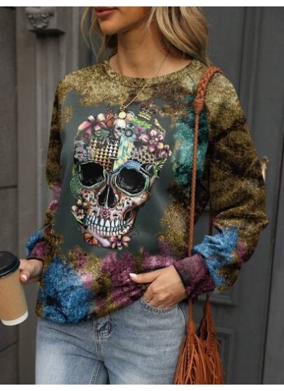 Skull Print Raglan Sleeve Sweatshirt - Choose Your Size