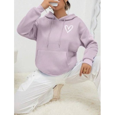 EZwear Heart Print Kangaroo Pocket Drop Shoulder Drawstring Hoodie - Choose You