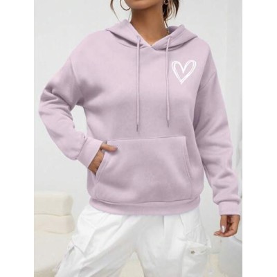 EZwear Heart Print Kangaroo Pocket Drop Shoulder Drawstring Hoodie - Choose You