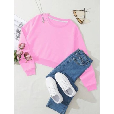 EZwear Solid Color Round Neck Drop Shoulder Short Sweatshirt - Choose Your Size