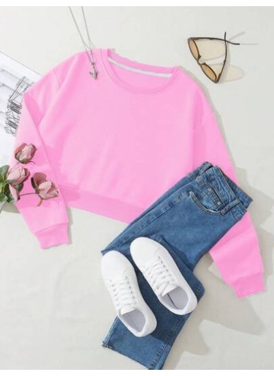 EZwear Solid Color Round Neck Drop Shoulder Short Sweatshirt - Choose Your Size