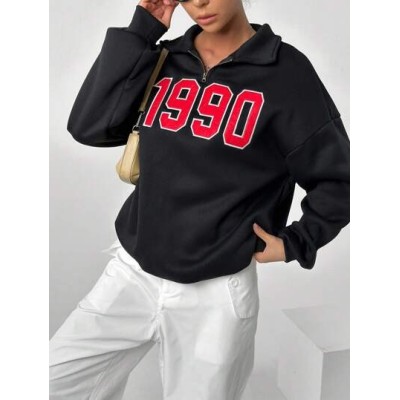 EZwear Women.s Zipper Front Letter Embroidery Drop Shoulder Long Sleeve Sweatsh