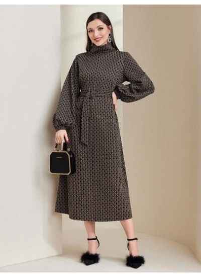 Mulvari Women.s Full Printed Lantern Sleeve Sweatshirt Dress With Belt - Choose