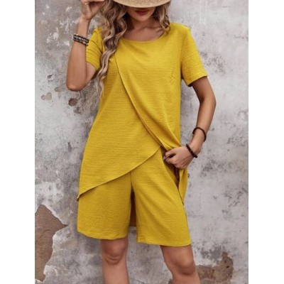 Women.S Summer Asymmetrical Hem Short Sleeve Top And Shorts Set - Choose Your S