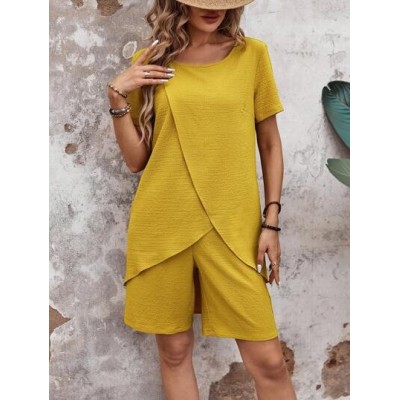 Women.S Summer Asymmetrical Hem Short Sleeve Top And Shorts Set - Choose Your S