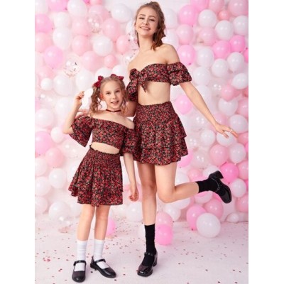 MOD 1set Ditsy Floral Tie Front Bardot Top & Shirred Waist Skirt Set - Choose Y