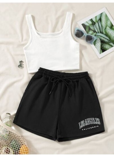 EZwear Tank Top & Letter Graphic Drawstring Waist Shorts - Choose Your Size