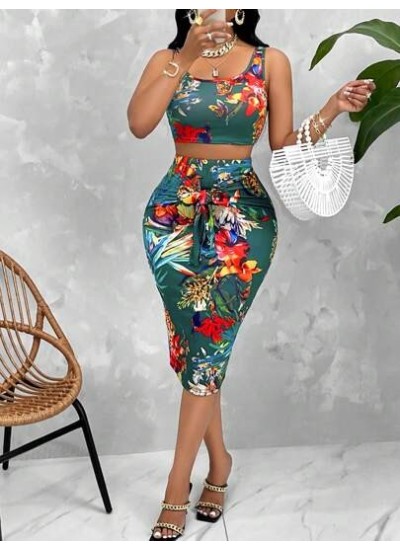 Slayr Random Tropical Print Crop Tank Top & Tie Front Pencil Skirt - Choose You