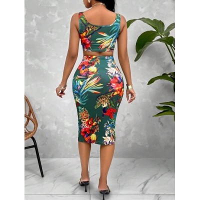 Slayr Random Tropical Print Crop Tank Top & Tie Front Pencil Skirt - Choose You