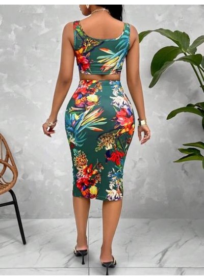 Slayr Random Tropical Print Crop Tank Top & Tie Front Pencil Skirt - Choose You