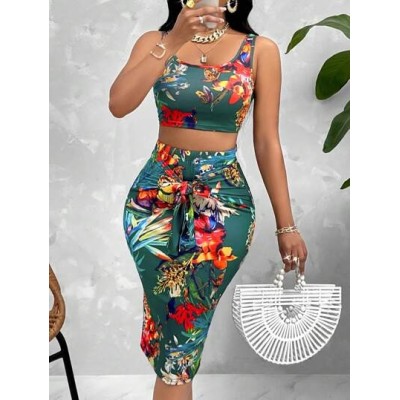 Slayr Random Tropical Print Crop Tank Top & Tie Front Pencil Skirt - Choose You