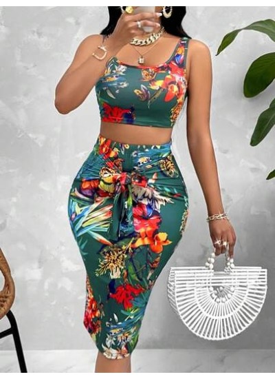 Slayr Random Tropical Print Crop Tank Top & Tie Front Pencil Skirt - Choose You