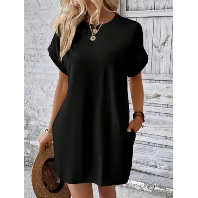 LUNE Solid Batwing Sleeve Hidden Pocket Tee Dress - Choose Your Size