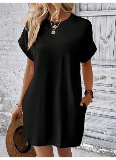 LUNE Solid Batwing Sleeve Hidden Pocket Tee Dress - Choose Your Size