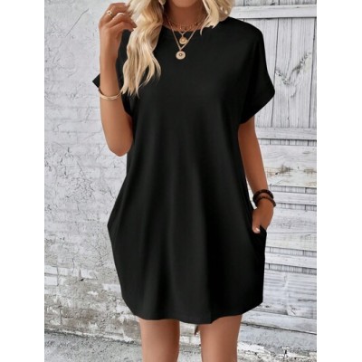 LUNE Solid Batwing Sleeve Hidden Pocket Tee Dress - Choose Your Size