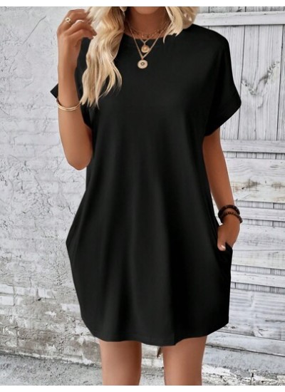 LUNE Solid Batwing Sleeve Hidden Pocket Tee Dress - Choose Your Size