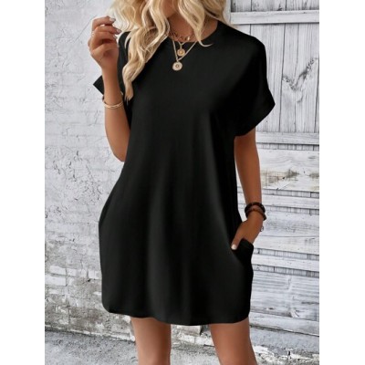 LUNE Solid Batwing Sleeve Hidden Pocket Tee Dress - Choose Your Size