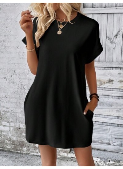 LUNE Solid Batwing Sleeve Hidden Pocket Tee Dress - Choose Your Size