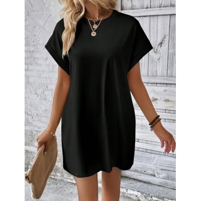 LUNE Solid Batwing Sleeve Hidden Pocket Tee Dress - Choose Your Size