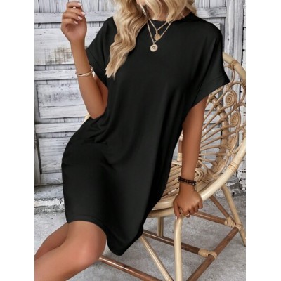 LUNE Solid Batwing Sleeve Hidden Pocket Tee Dress - Choose Your Size