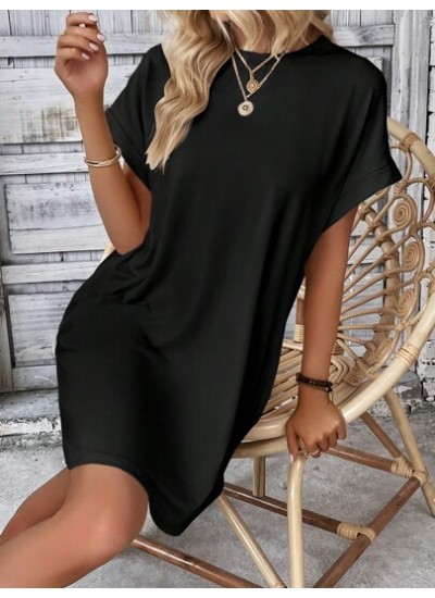 LUNE Solid Batwing Sleeve Hidden Pocket Tee Dress - Choose Your Size