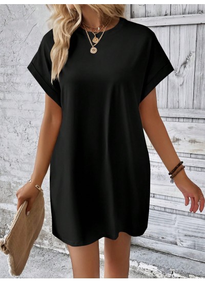 LUNE Solid Batwing Sleeve Hidden Pocket Tee Dress - Choose Your Size