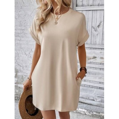 LUNE Solid Batwing Sleeve Hidden Pocket Tee Dress - Choose Your Size