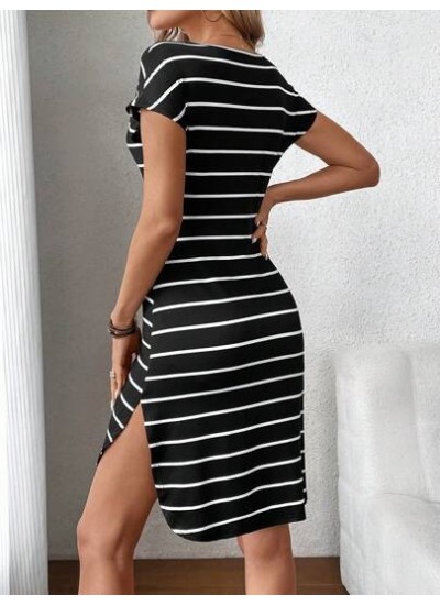 LUNE Women.s Round Neck Striped Comfortable Casual Dress With Waist Tie And Sid