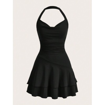 MOD Draped Collar Solid Ruched Layered Ruffle Hem Halter Neck Black Mini Dress