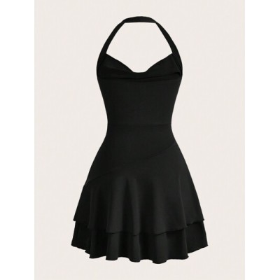 MOD Draped Collar Solid Ruched Layered Ruffle Hem Halter Neck Black Mini Dress