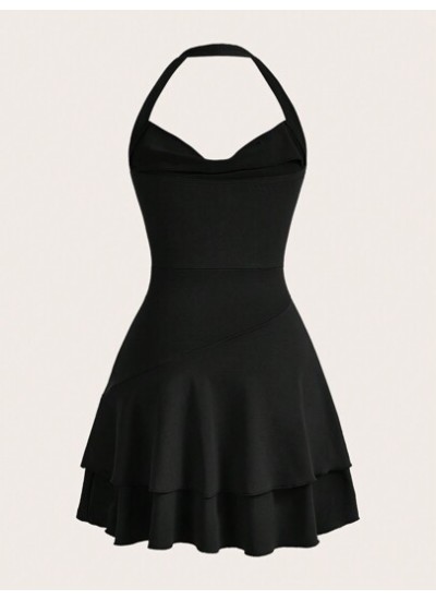 MOD Draped Collar Solid Ruched Layered Ruffle Hem Halter Neck Black Mini Dress