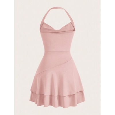 MOD Swing Knitted Halter Neck Double Layer Women.s Slim Fit Pink Dress - Choose