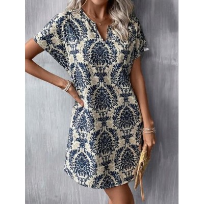 LUNE Summer Allover Print Notched Neck Batwing Sleeve Tunic Dress - Choose Your