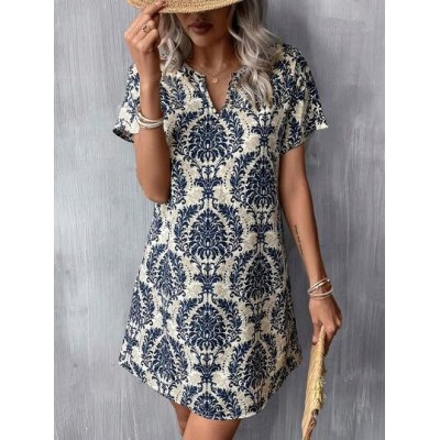 LUNE Summer Allover Print Notched Neck Batwing Sleeve Tunic Dress - Choose Your