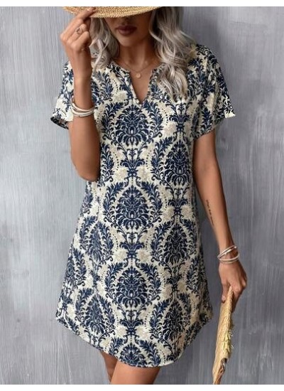 LUNE Summer Allover Print Notched Neck Batwing Sleeve Tunic Dress - Choose Your