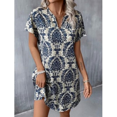 LUNE Summer Allover Print Notched Neck Batwing Sleeve Tunic Dress - Choose Your