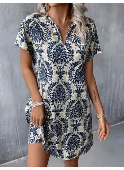 LUNE Summer Allover Print Notched Neck Batwing Sleeve Tunic Dress - Choose Your